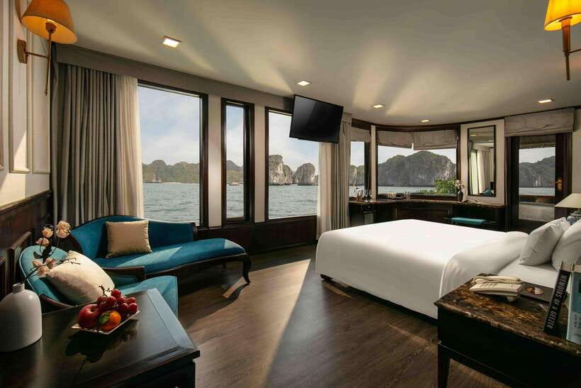 Hanoi: 2D1N Ha Long Bay, Lan Ha Bay by Amanda Luxury Cruise - Your Junior Suite, balcony, and bathtub