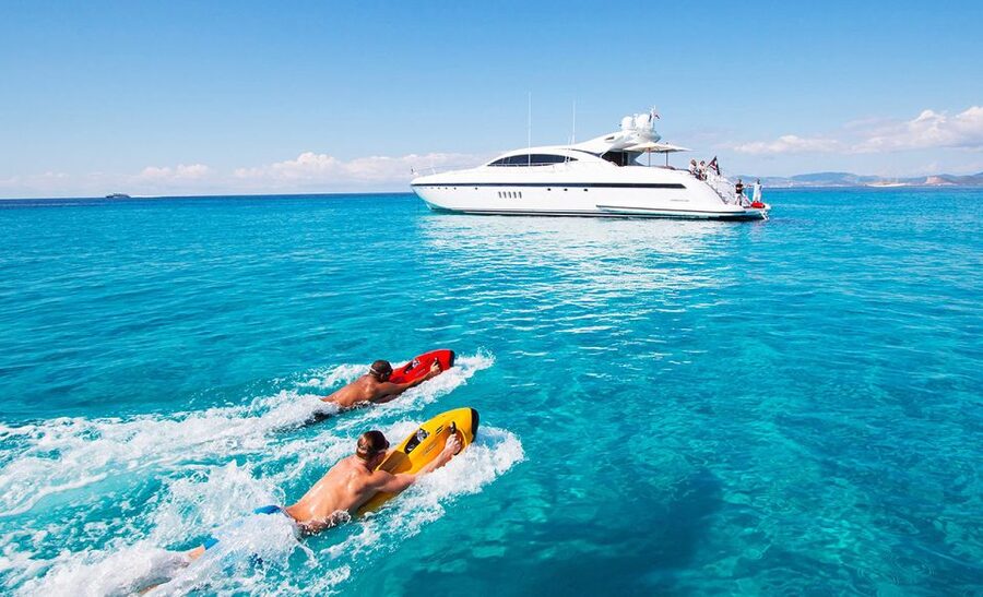 Ibiza: Beach and Cave Boat Tour with Luxury Water Toys - San Antonio departure and the three-hour plan