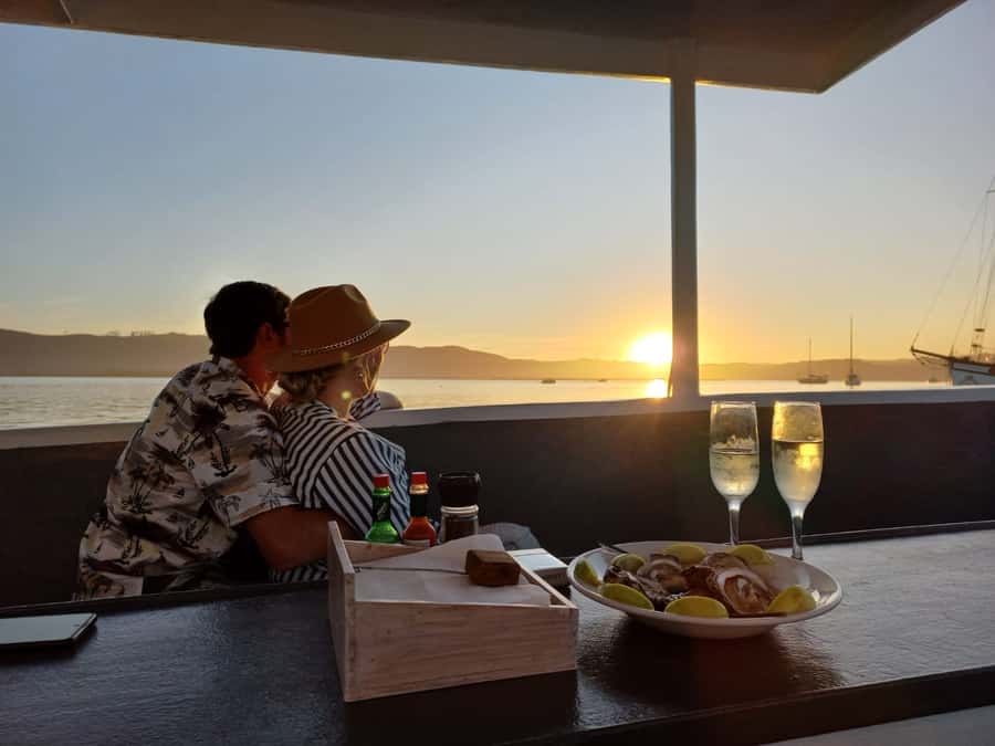 Knysna: Wine & Oyster Luxury Lounger Sunset Cruise - Leaving Thesen Island as the afternoon fades