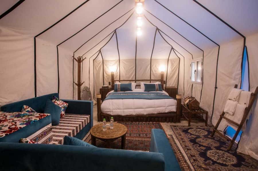 Overnight in Luxury Tent in Desert Camp Erg Chebbi Merzouga - Riding camels across the golden dunes