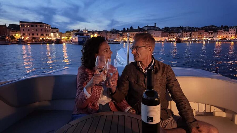 Rovinj: Private Luxury Old Town Night Boat Tour with Wine - Wine, soft drinks, and the evening mood