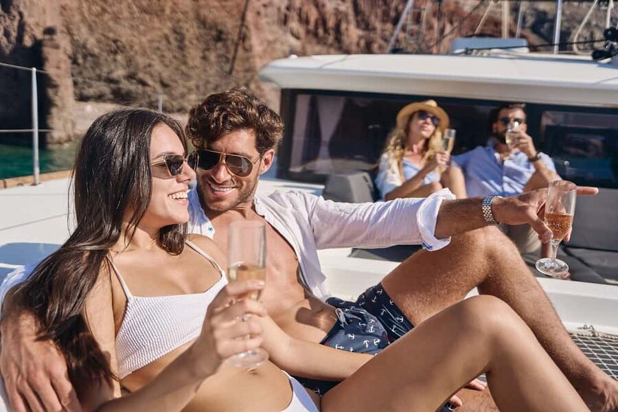 Santorini: Caldera Luxury Catamaran Cruise w/ Meal & Drinks - Red Beach and the first swim