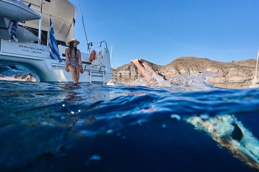 Santorini: Caldera Luxury Catamaran Cruise w/ Meal & Drinks - Nea Kameni and the sulfur water