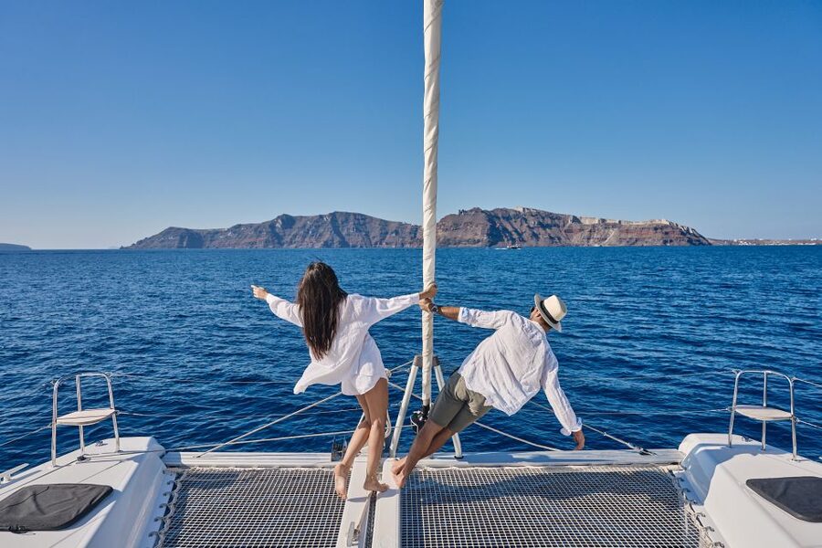 Santorini: Caldera Luxury Catamaran Cruise w/ Meal & Drinks - Food, drinks, and comfort aboard
